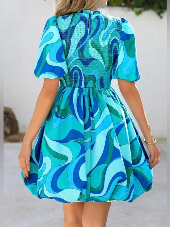 KIRUNDO  Smocked Puff Short Sleeve Boho Ruffle Crewneck Bubble Mini Dress - Picture 2 of 6